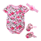 Baby Clothes - Newborn Baby Girl Floral Rompers Shoes Headband Clothes Set