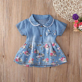 Toddler Baby Girls Floral Print Bowknot Short Sleeve Princess Denim Dress