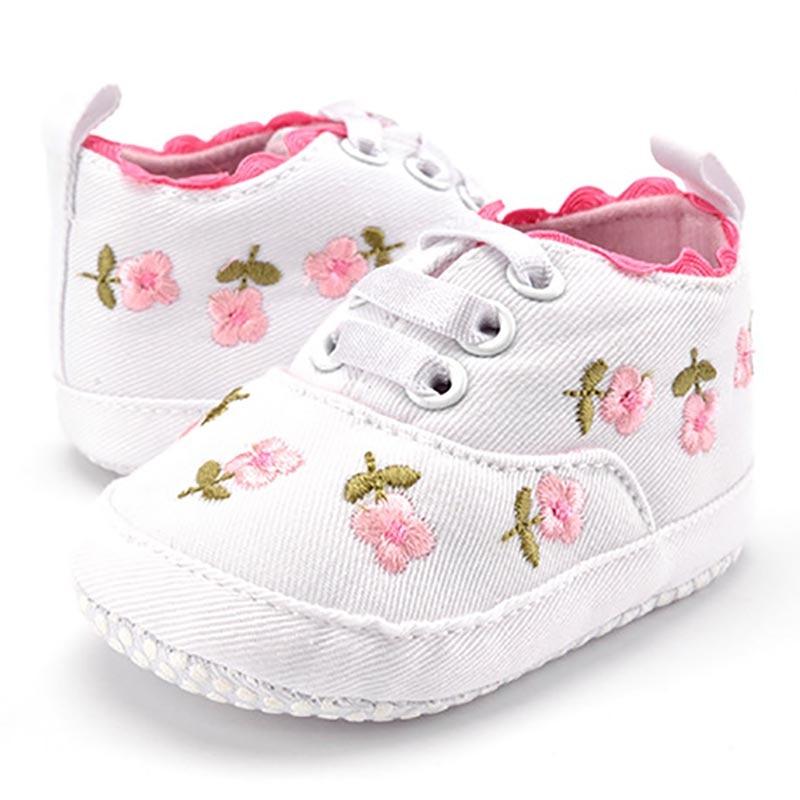Baby Shoes - White/Pink Lace Floral Embroidered 0-18M