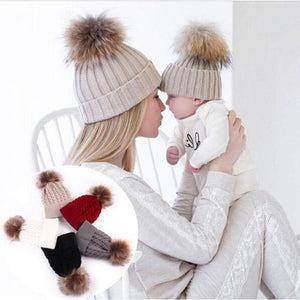 Hair Accessories - Mom & Baby Pom Pom Winter Hats Set