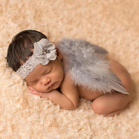Gray Wings & Headband Newborn Photography