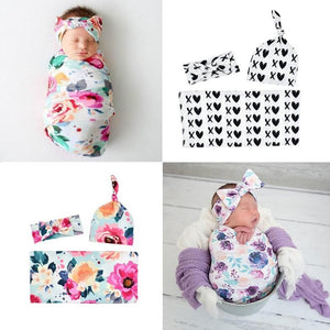 Baby Swaddle Blanket & Headband & Hat